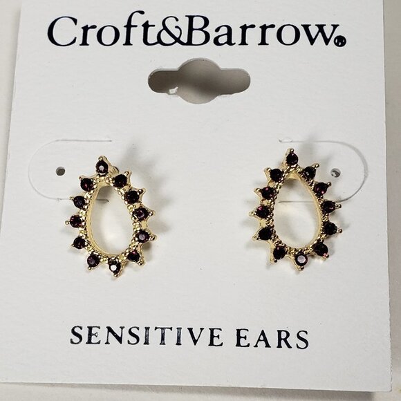 CROFT & BARROW, Women' Polished Gold-tone Hoop Dark Pink Crystals Stud Earrings - Picture 1 of 8